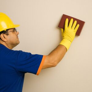 Homem escolarizando parede com lixa de mão