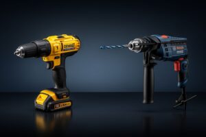 Furadeiras Dewalt e Bosch em fundo escuro.