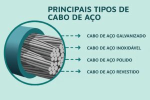 Tipos de cabo de aço: galvanizado, inoxidável, polido e revestido.